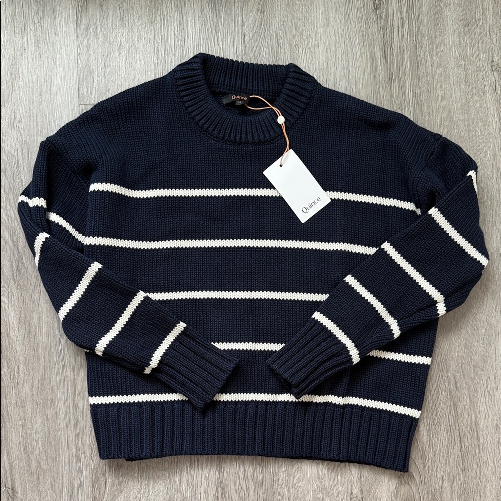 Quince Dark Blue and White Striped Sweater